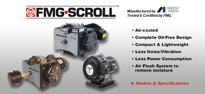 FMG-SCROLL vacuum pumps. Scroll Vacuum Pumps manufactured by Anest Iwata, tested and certified by FMG.
